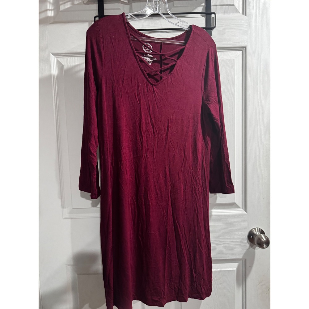 Maurices 24/7 Womens Burgundy Lattice V-Neck Long Sleeve T-Shirt Dress Medium